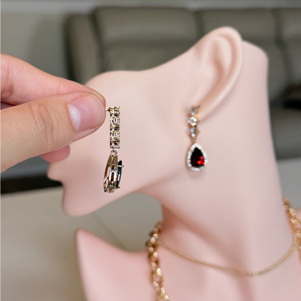 Elegant Gold Drop Earrings with Garnet Red Teardrop Zirconia - Picture 12 of 15